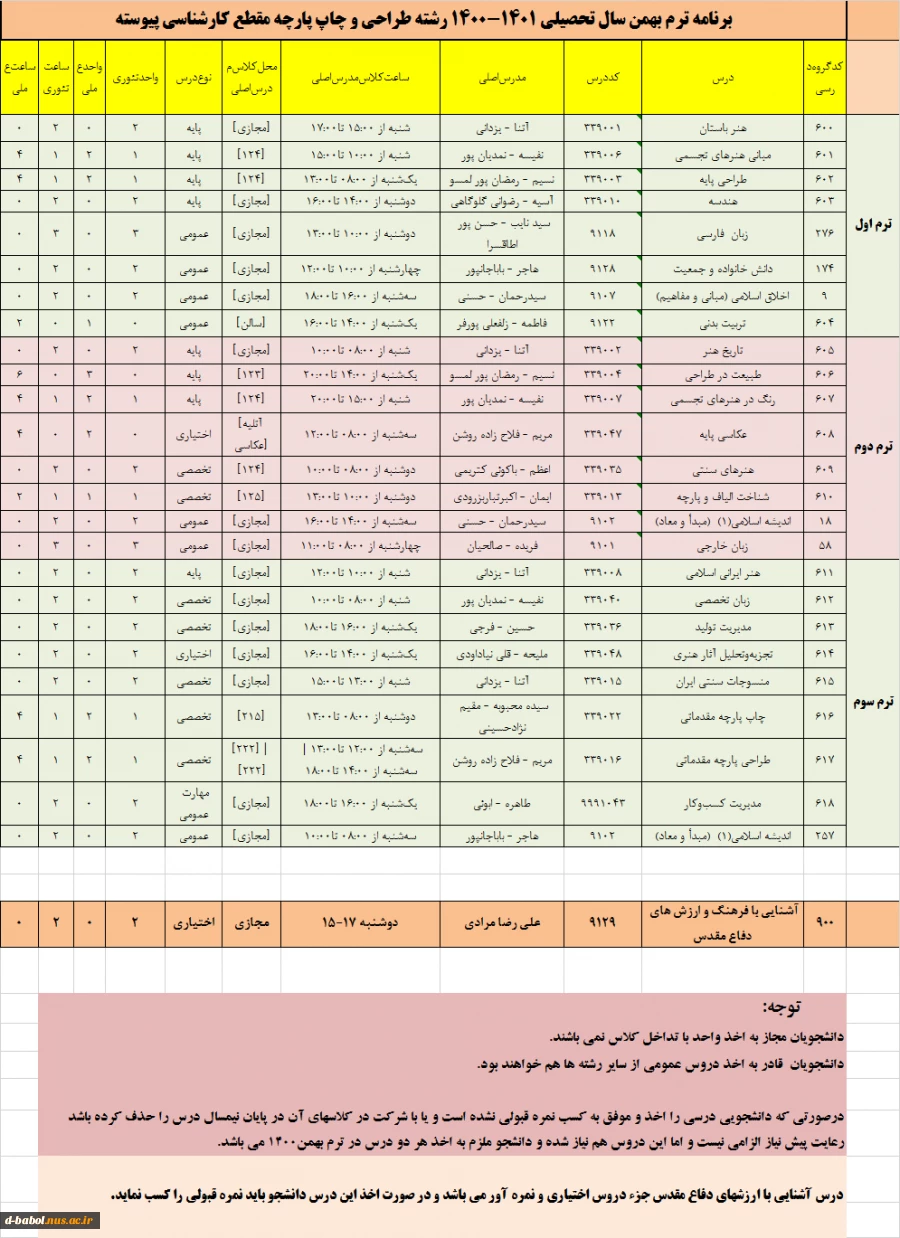 قابل توجه کلیه دانشجویان محترم

برنامه دروس  نیمسال دوم سال 1400 18