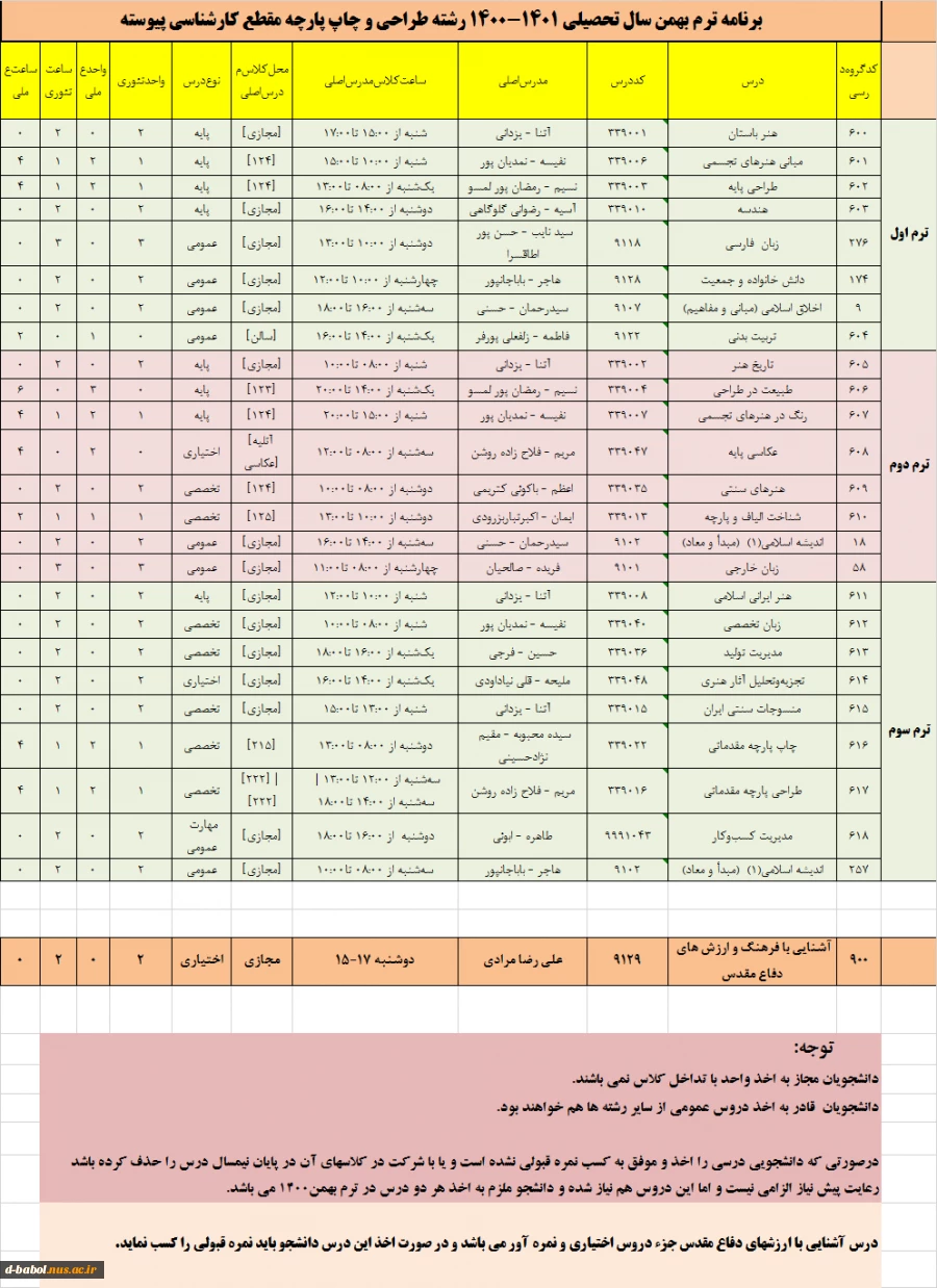 قابل توجه کلیه دانشجویان محترم

برنامه دروس  نیمسال دوم سال 1400 25