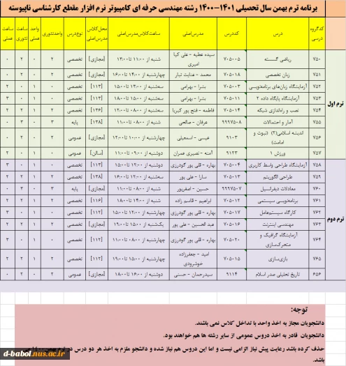 قابل توجه کلیه دانشجویان محترم

برنامه دروس  نیمسال دوم سال 1400 29