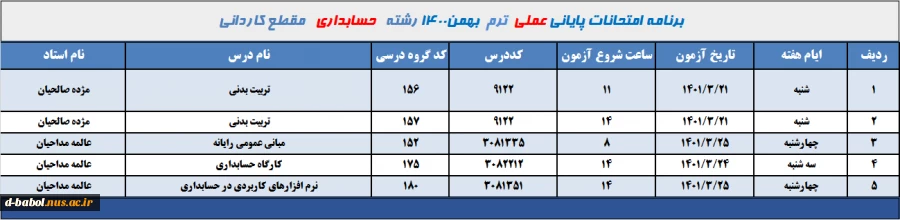 برنامه امتحانات عملی رشته حسابداری ترم 002