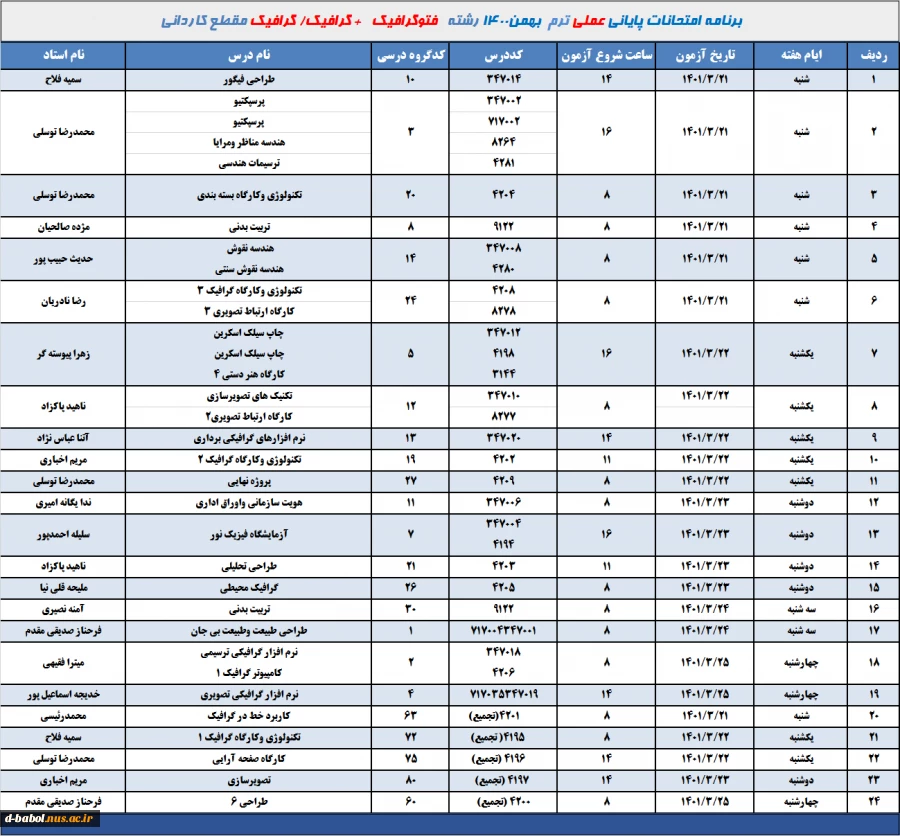 برنامه امتحانات عملی رشته فتو گرافیک + گرافیک - گرافیک ترم 002