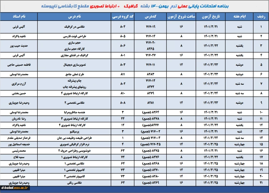 برنامه امتحانات عملی رشته گرافیک + ارتباط تصویری کارشناسی ناپیوسته ترم 002