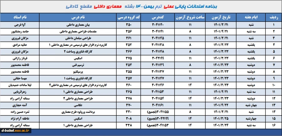 برنامه امتحانات عملی رشته معماری داخلی ترم 002