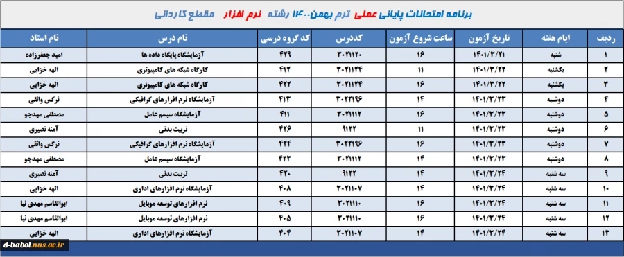 برنامه امتحانات عملی رشته نرم افزار ترم