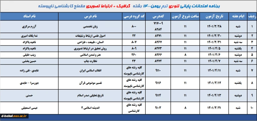 برنامه امتحانات تئوری رشته گرافیک + ارتباط تصویری کارشناسی ناپیوسته ترم 002