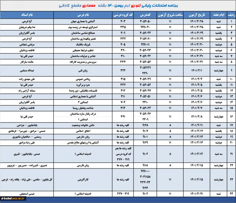 برنامه امتحانات تئوری رشته معماری ترم 002