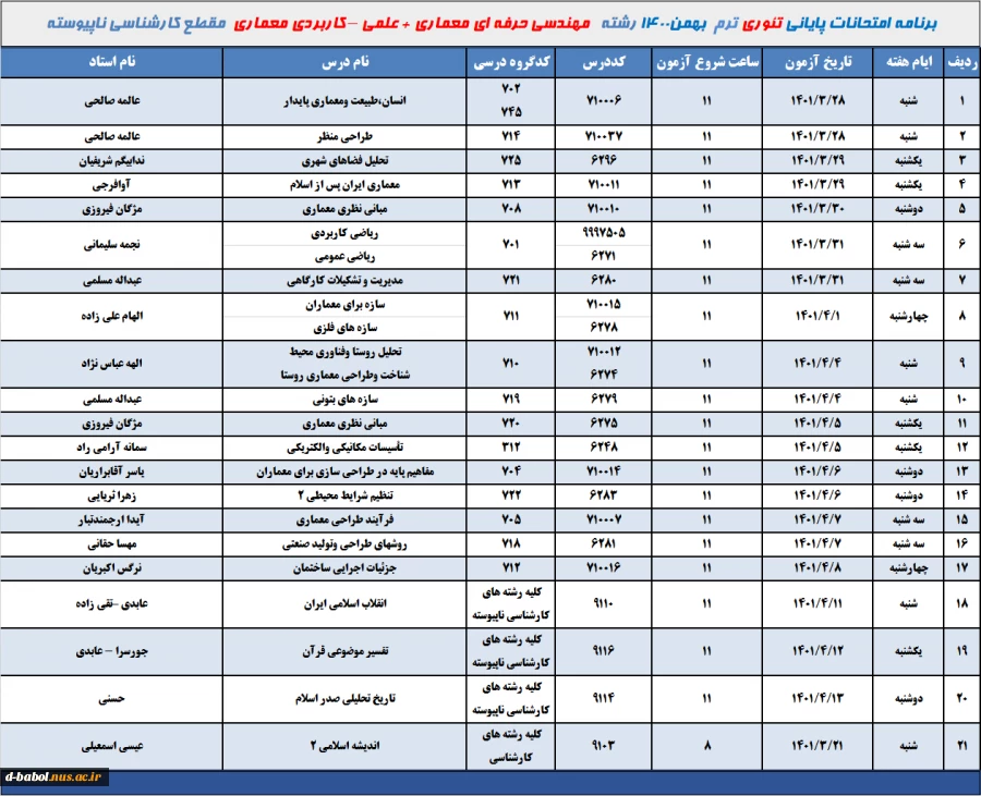 برنامه امتحانات تئوری رشته مهندسی حرفه ای معماری + علمی -کاربردی معماری  ترم 002