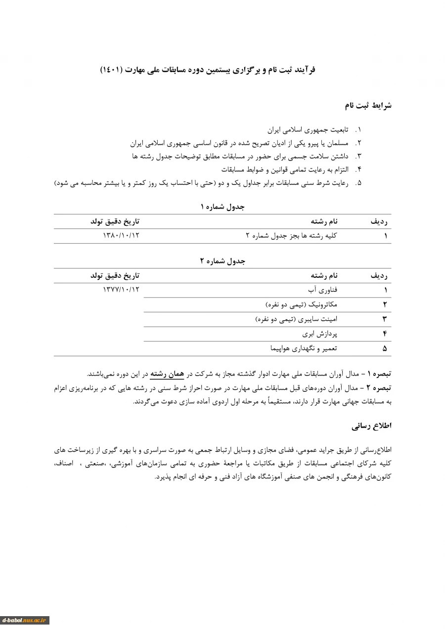 فرآیند ثبت نام و برگزاری بیستمین دوره مسابقات ملی مهارت (1401) 2