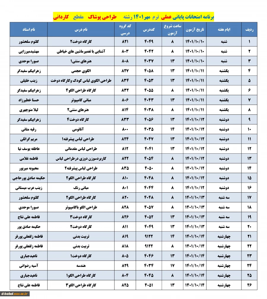 برنامه امتحانات عملی  ترم 011 11