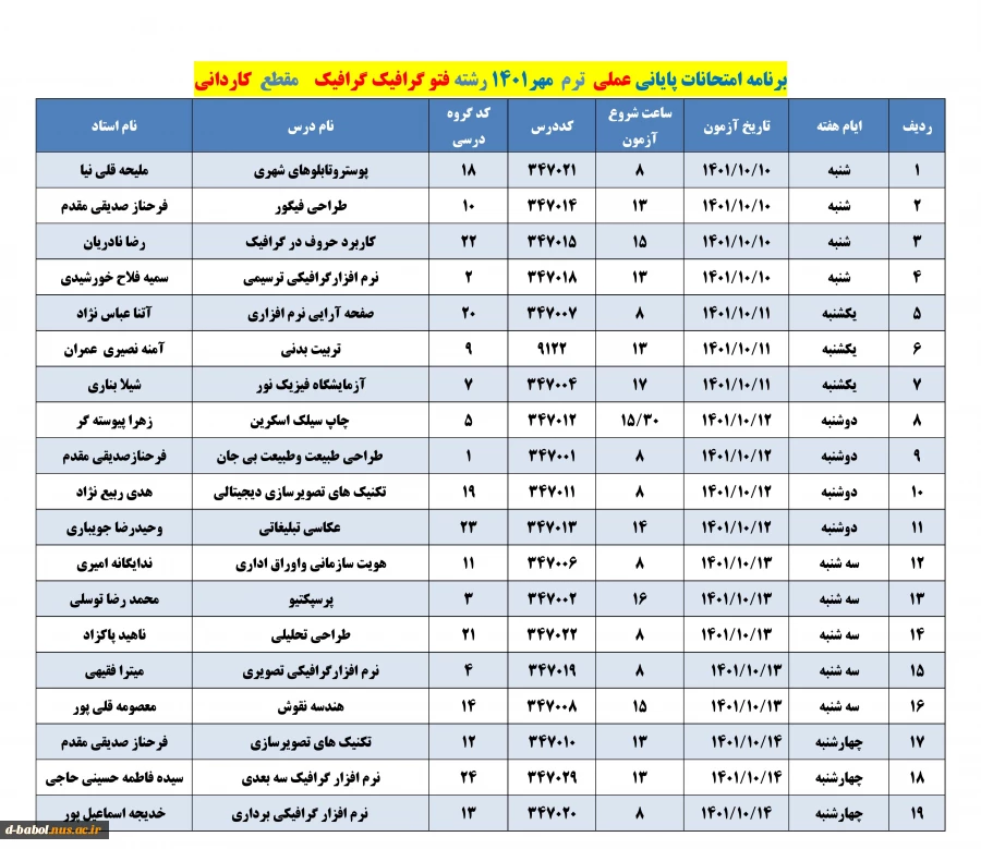 برنامه امتحانات عملی  ترم 011 15