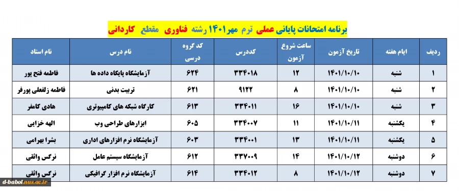 برنامه امتحانات عملی  ترم 011 16