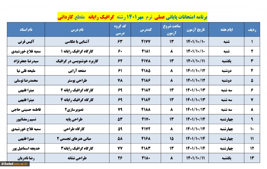 برنامه امتحانات عملی  ترم 011 17