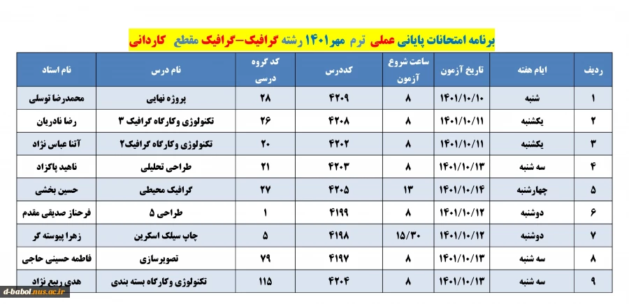 برنامه امتحانات عملی  ترم 011 18