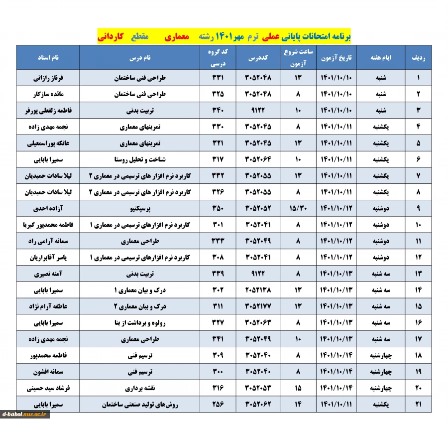 برنامه امتحانات عملی  ترم 011 19