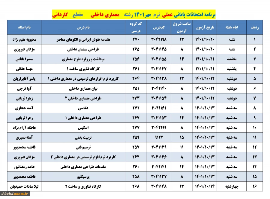 برنامه امتحانات عملی  ترم 011 20