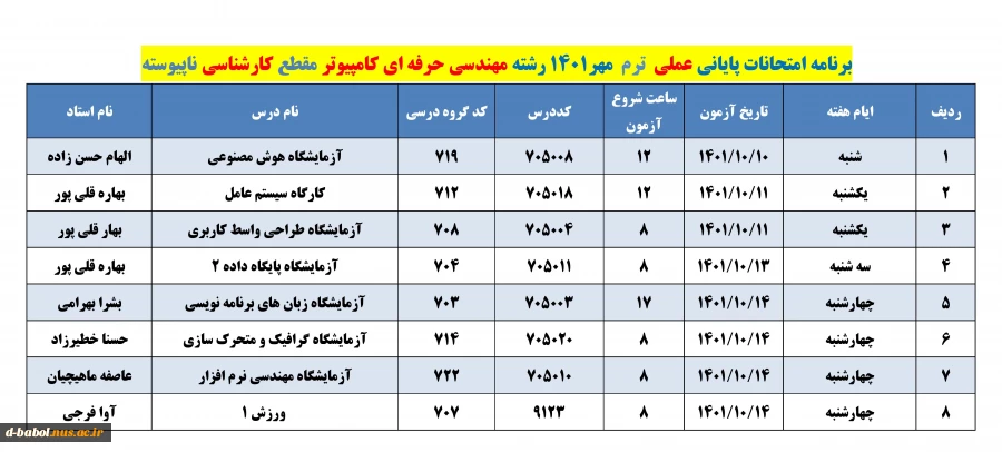 برنامه امتحانات عملی  ترم 011 22