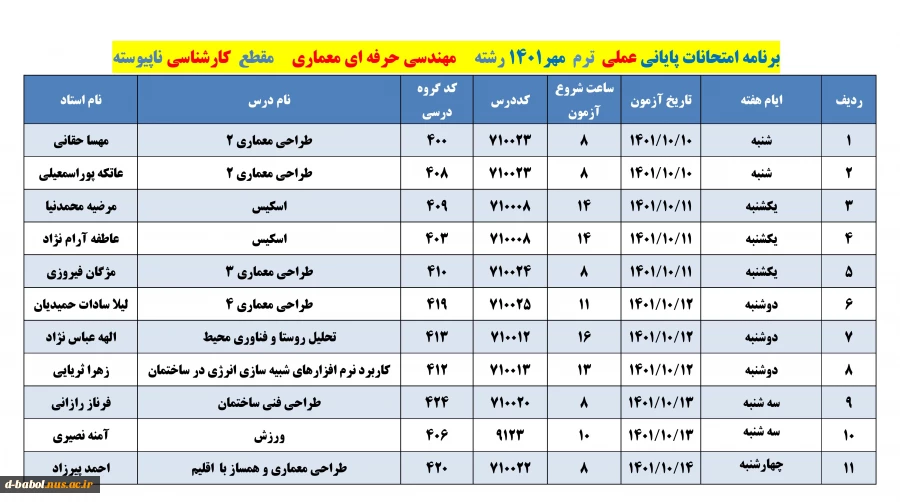 برنامه امتحانات عملی  ترم 011 23