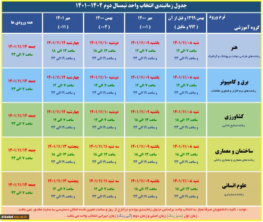 انتخاب واحد نیمسال دوم سال تحصیلی 1402- 1401 2