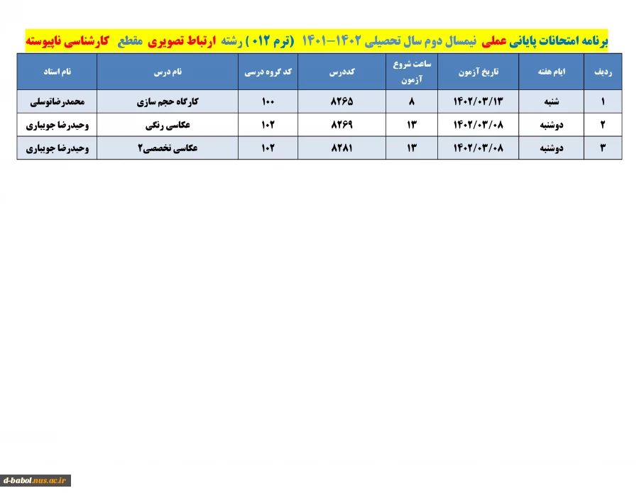 قابل توجه کلیه  دانشجویان محترم 

برنامه امتحانات عملی  ترم 012 2