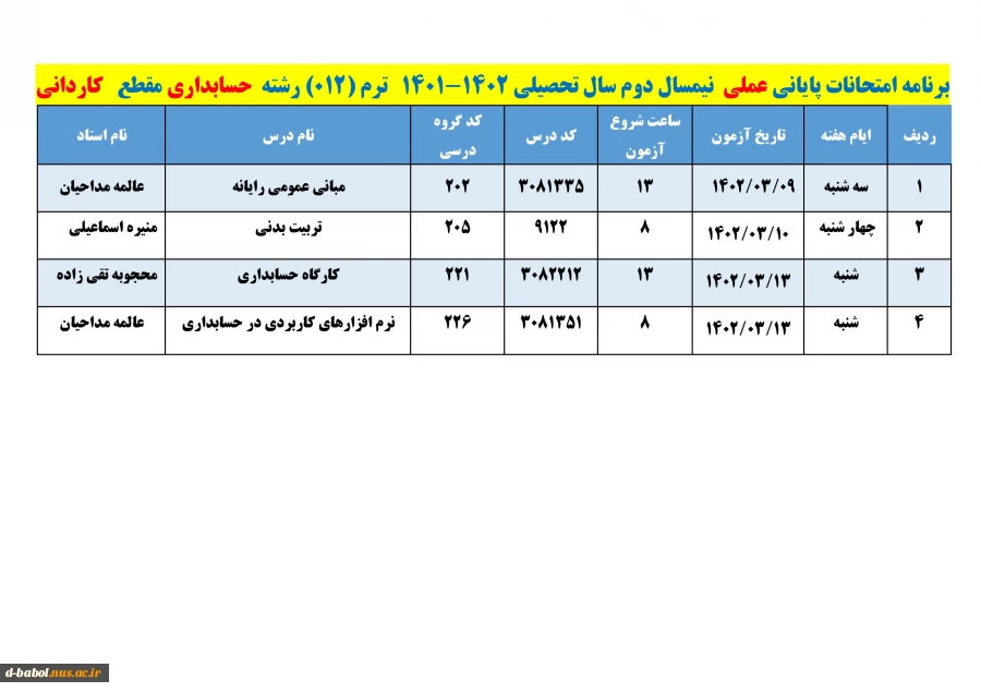 قابل توجه کلیه  دانشجویان محترم 

برنامه امتحانات عملی  ترم 012 2