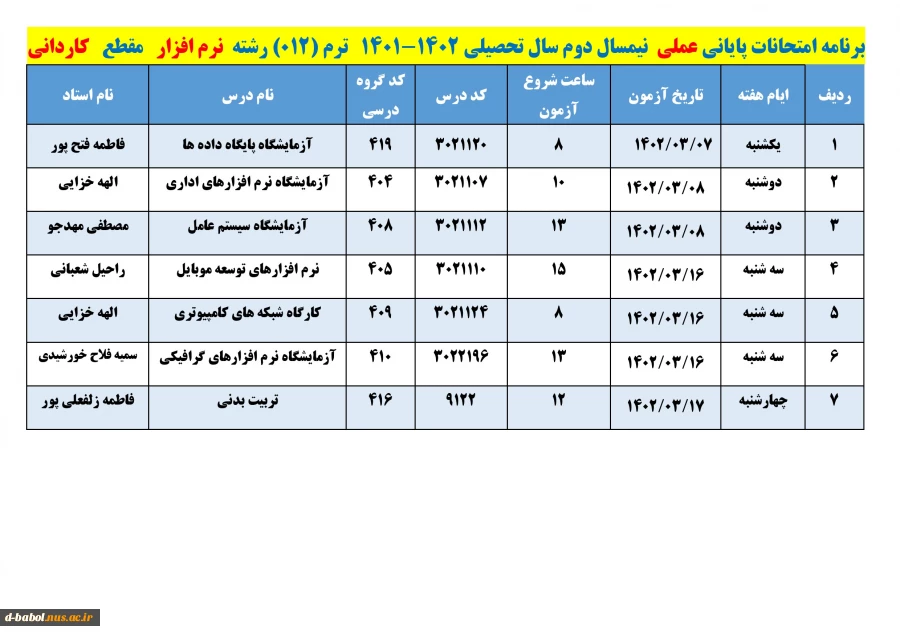 قابل توجه کلیه  دانشجویان محترم 

برنامه امتحانات عملی  ترم 012 2