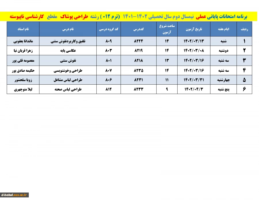 قابل توجه کلیه  دانشجویان محترم 

برنامه امتحانات عملی  ترم 012 2