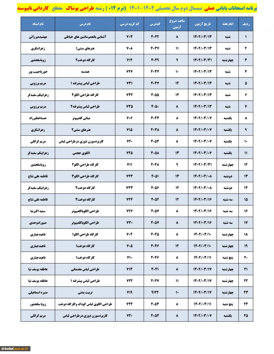 قابل توجه کلیه  دانشجویان محترم 

برنامه امتحانات عملی  ترم 012 2