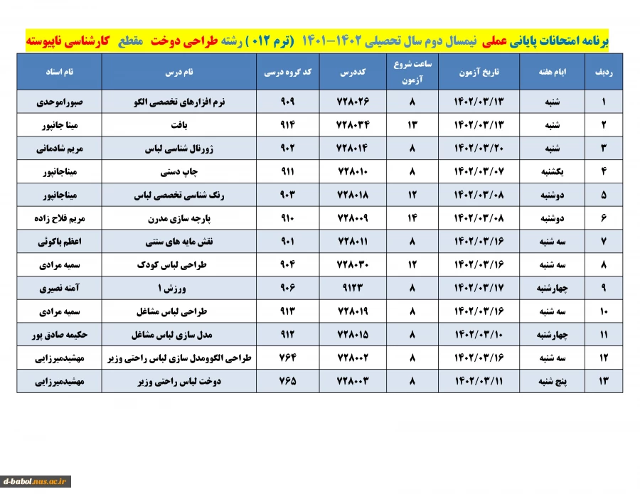 قابل توجه کلیه  دانشجویان محترم 

برنامه امتحانات عملی  ترم 012 2