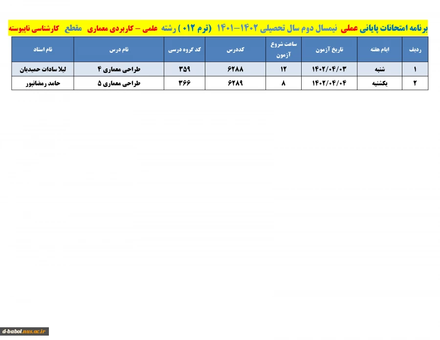 قابل توجه کلیه  دانشجویان محترم 

برنامه امتحانات عملی  ترم 012 2