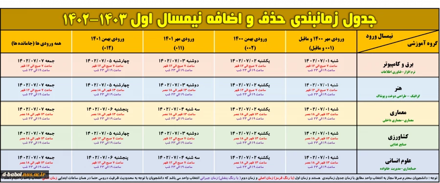 تقویم آموزشی و برنامه انتخاب واحد و حذف و اضافه
 نیمسال اول سال تحصیلی  1403-1402  (021) 2