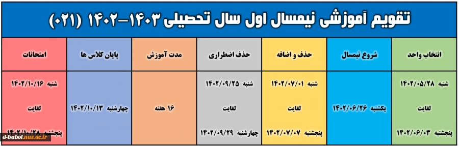 تقویم آموزشی و برنامه انتخاب واحد و حذف و اضافه
 نیمسال اول سال تحصیلی  1403-1402  (021) 2