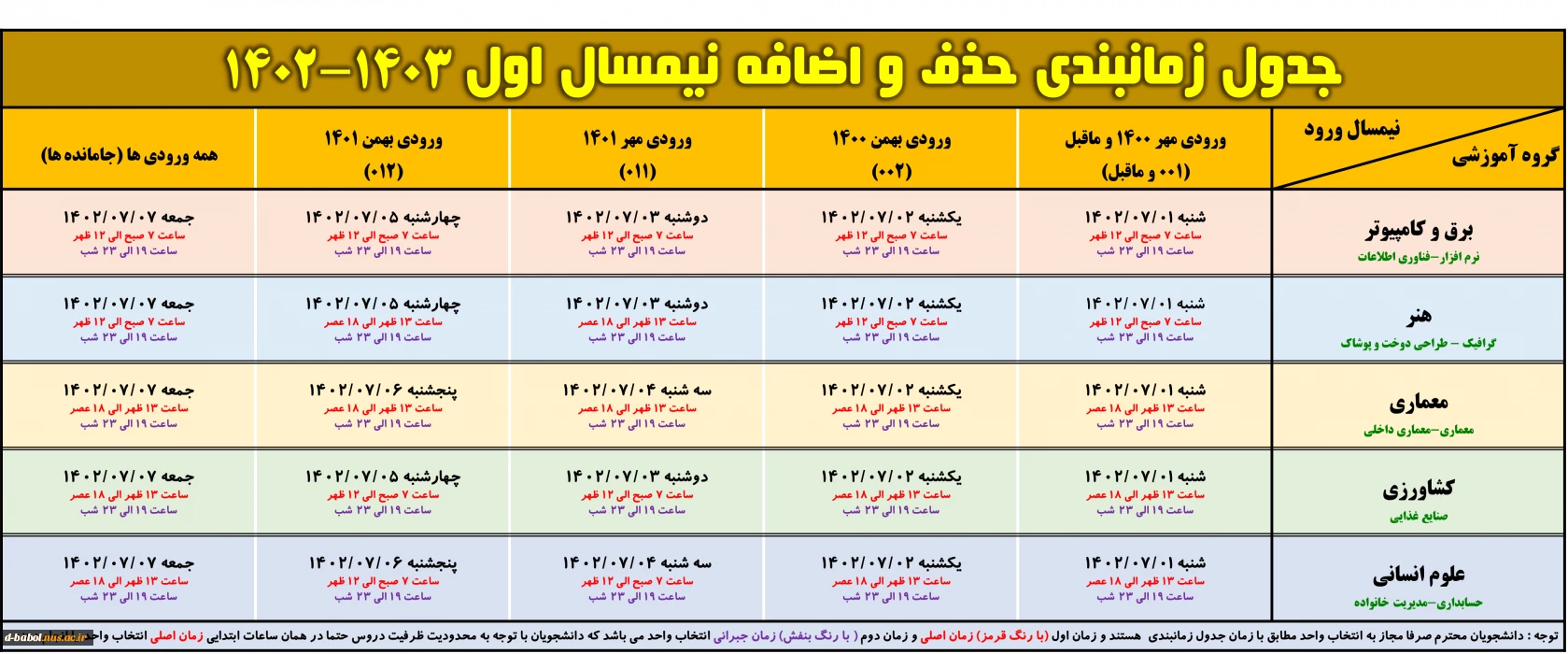 جدول زمانبندی حذف و اضافه نیمسال اول سال 1403-1402