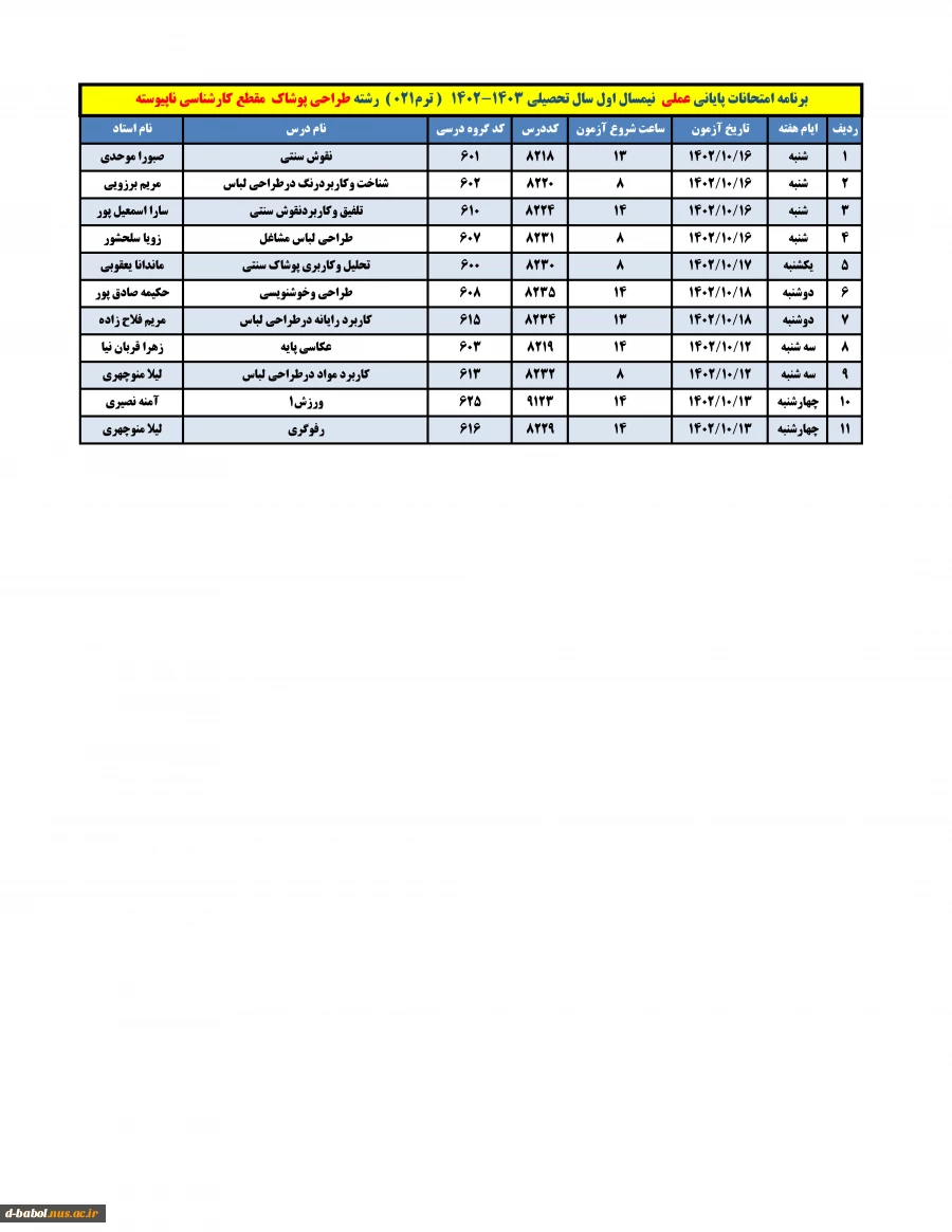 برنامه امتحانات عملی 12