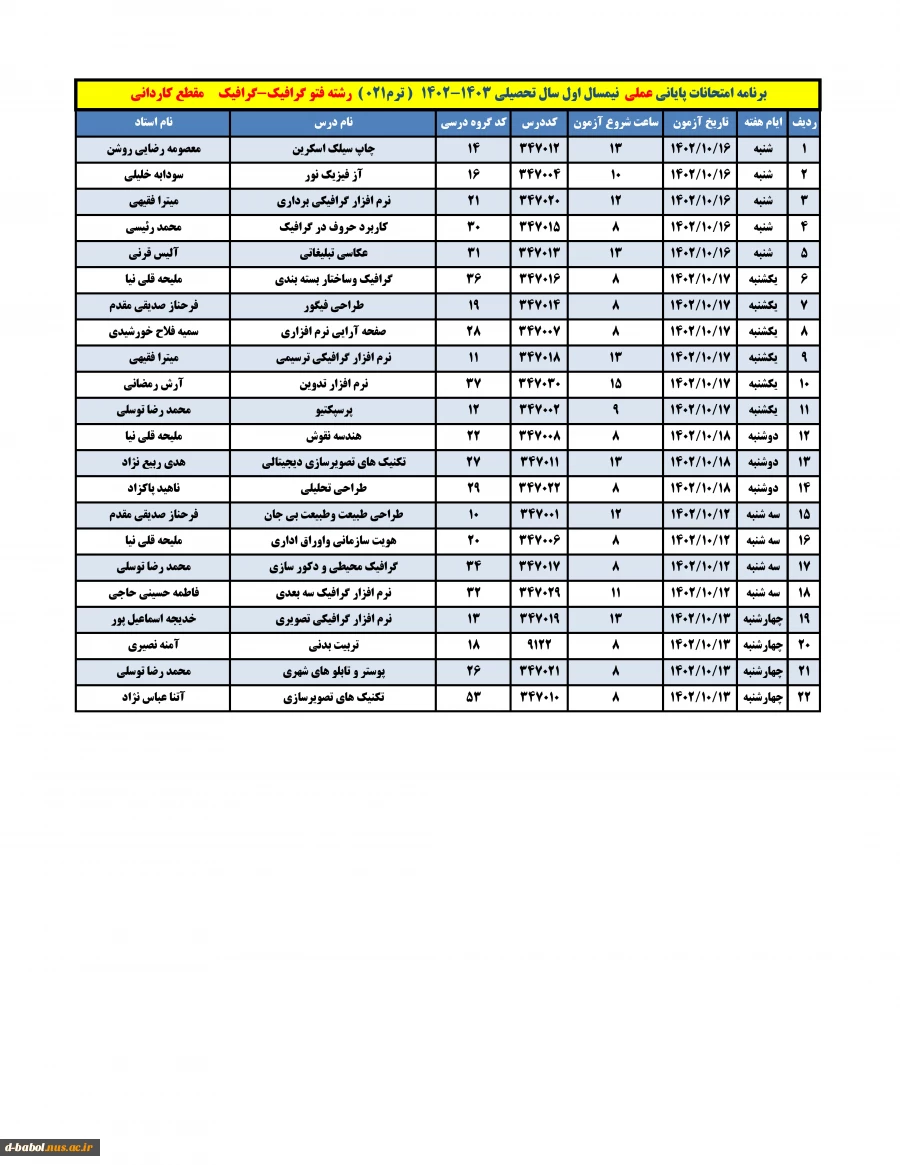 برنامه امتحانات عملی 15