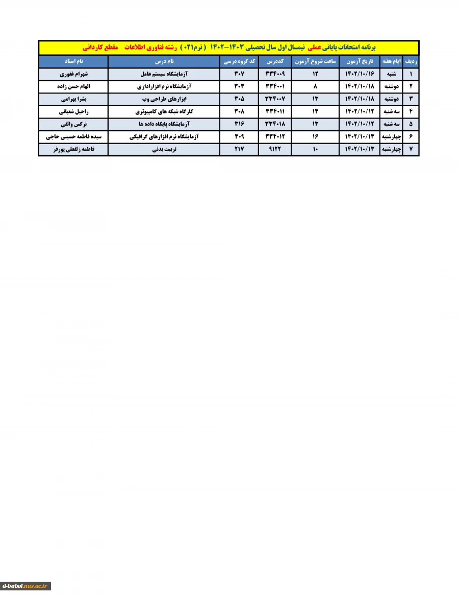 برنامه امتحانات عملی 16