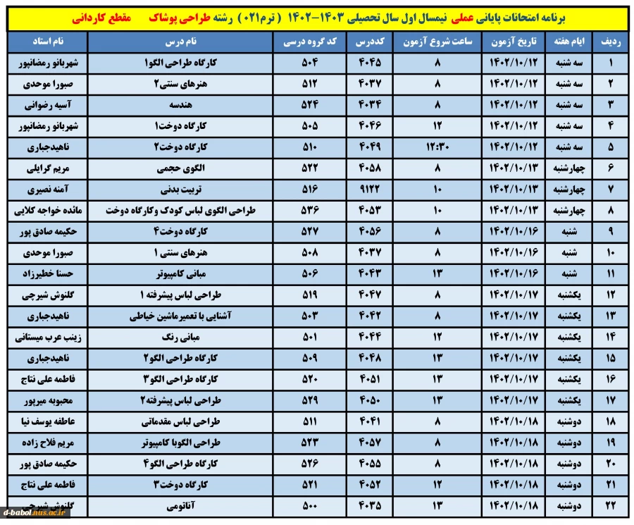 برنامه امتحانات عملی 5