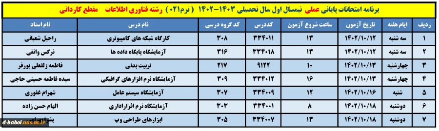 برنامه امتحانات عملی 11