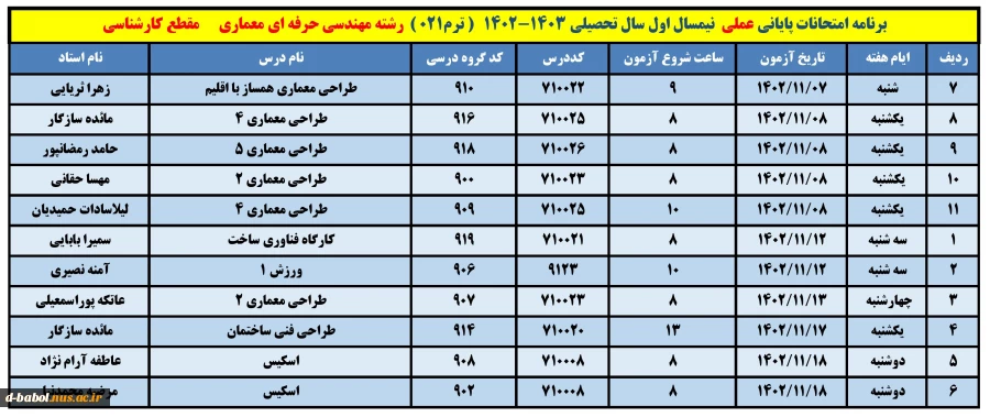 برنامه امتحانات عملی 15