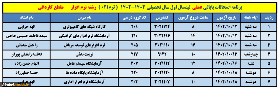 برنامه امتحانات عملی 17