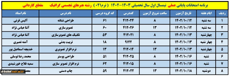 برنامه امتحانات عملی 18