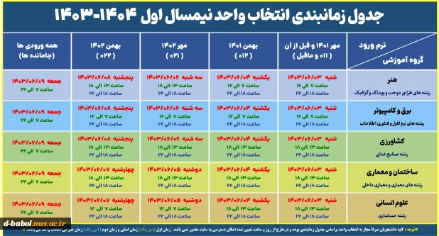 جدول زمانبندی انتخاب واحد نیمسال اول  1404-1403