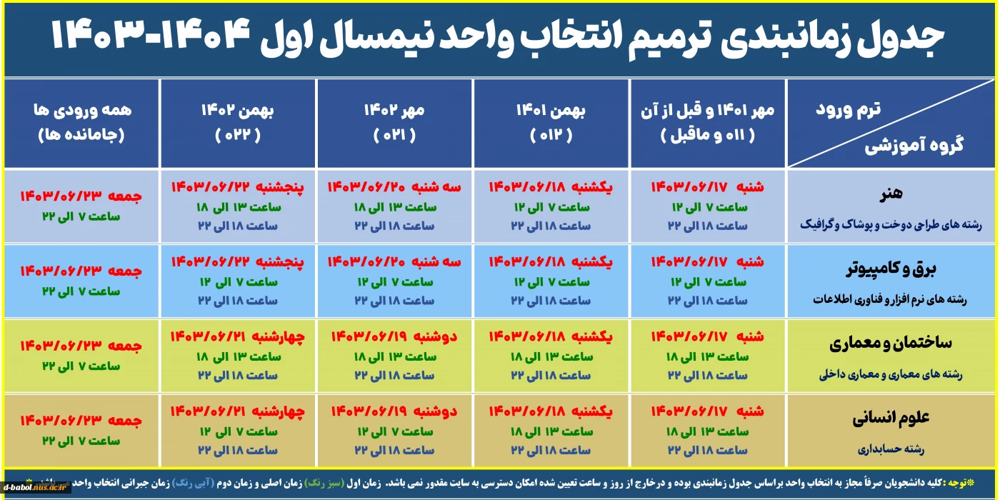 جدول زمانبندی ترمیم انتخاب واحد 031