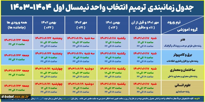 جدول زمانبندی ترمیم انتخاب واحد 031