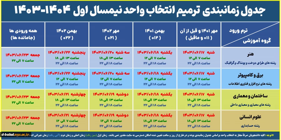 جدول زمانبندی ترمیم انتخاب واحد 031 2