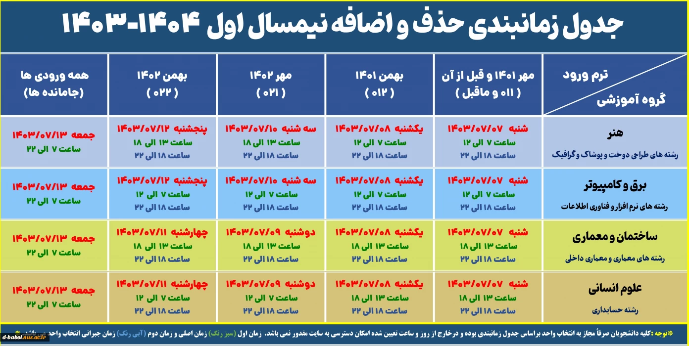 جدول زمانبندی حذف و اضافه نیمسال 031