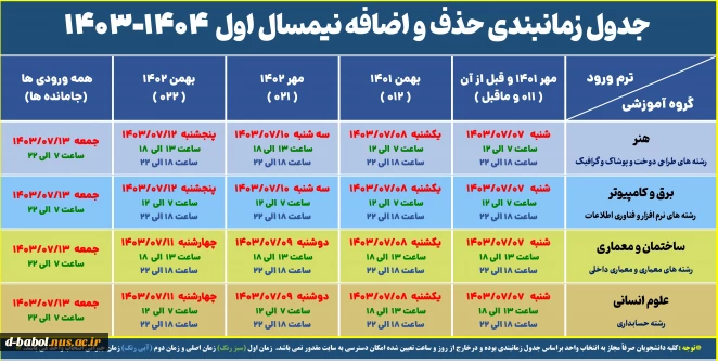 جدول زمانبندی حذف و اضافه نیمسال 031